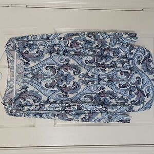 NWOT Boston Proper Paisley Long Sleeve Cold Shoulder Ruched Blouse. LARGE. Blue